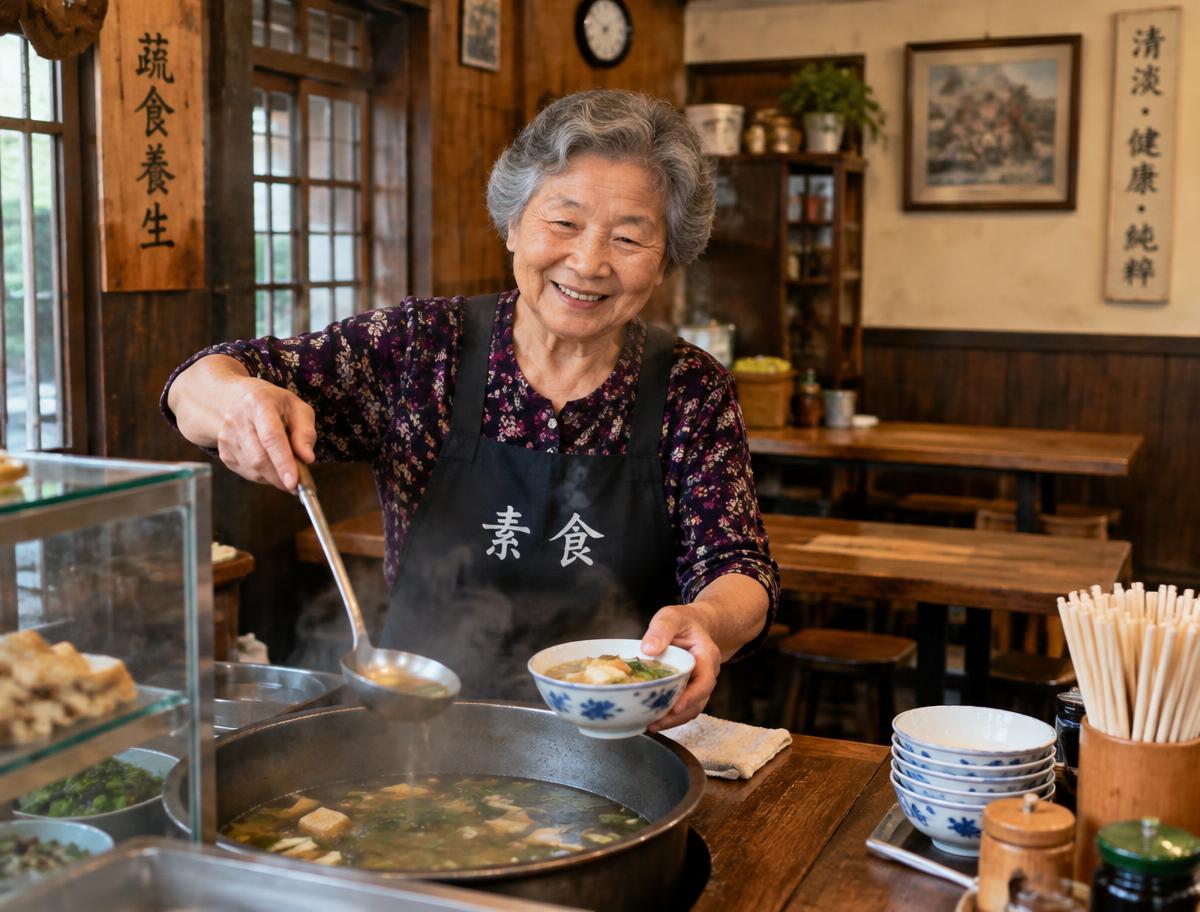素食老店老闆娘笑著端上一碗湯